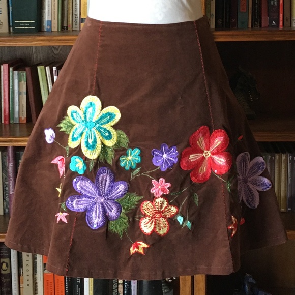 Anthropologie Dresses & Skirts - Anthropologie Floral Embroidered Corduroy Skirt 6